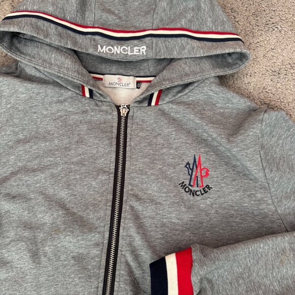 Moncler Mens Track Jacket Hooded Full Zip Sz 4XL Gray Tricolor Stripe Trim - Picture 2 of 11